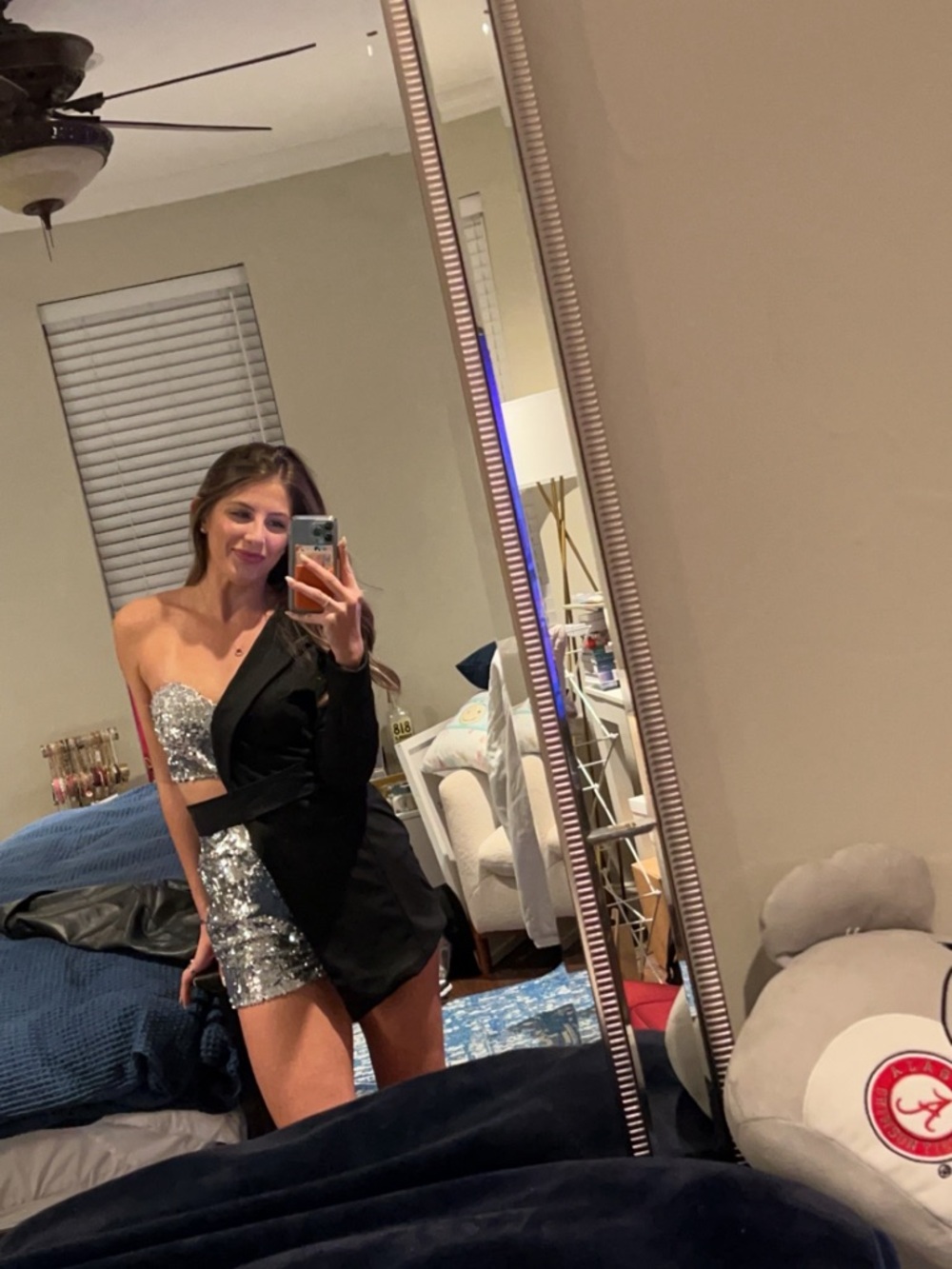 Black and Silver Sequin One-Shoulder Mini Dress